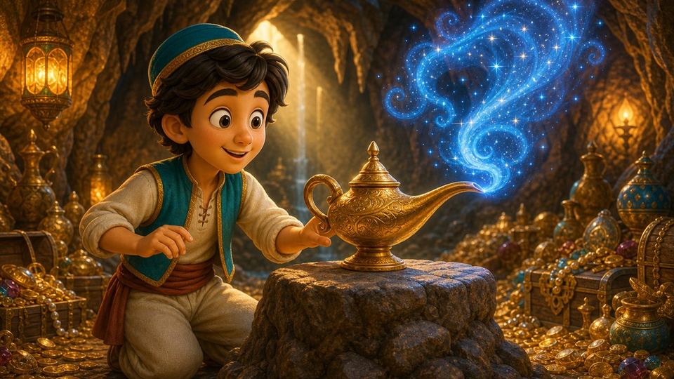 Ilustración del cuento Aladino y la lámpara