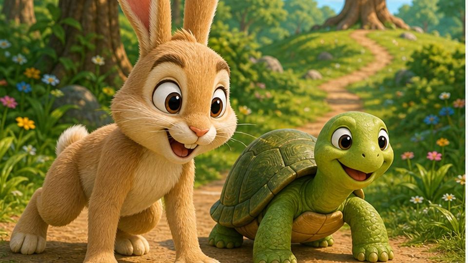 Ilustración del cuento La liebre y la tortuga